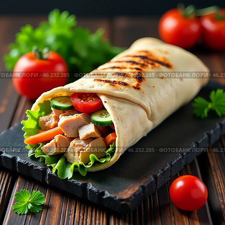 Шаурма с курицей и овощами на деревянной доске с соусом на столе, украшенном зеленью и помидорами черри. Быстрое питание, служба доставки. Shawarma with chicken and vegetables on a wooden board with sauce on a table decorated with greens and cherry tomatoes. Fast food, delivery service. Стоковое AI-изображение, AI-художник Гер Олег / Фотобанк Лори