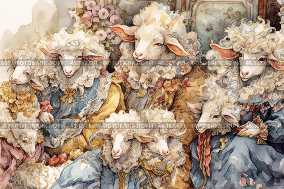 Sheep dressed in old, lush costumes typical of the Baroque era. Each sheep has luxurious clothes with large ruffles, lace and bright ribbons, which gives them an elegant and sophisticated look. The sheep also have quite a lush wool, reminiscent of the luxurious wigs of that time. The picture is made in watercolor technique, creating soft and smooth transitions between colors. The drawing evokes a sense of cheerful comedy and absurdity, combining the elegance of old outfits with the image of animals. Стоковое AI-изображение, AI-художник Анна Кривицкая / Фотобанк Лори