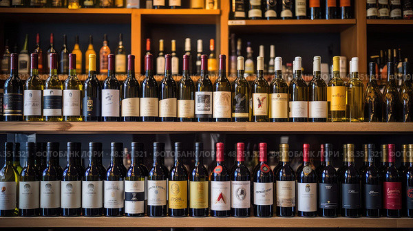 shelves wine bottle shop ai generated. Стоковое AI-изображение, AI-художник Vectorwin / Фотобанк Лори
