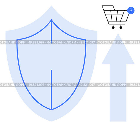 Shield symbol, shopping cart with three notifications, and upward arrow. Ideal for online security, e-commerce growth, data protection, customer notifications, secure transactions, progress metrics. Shield Signifying Protection with Shopping Cart and Upward Arrow Suggesting Growth and Security. Стоковая иллюстрация, агентство Ingram Publishing / Фотобанк Лори