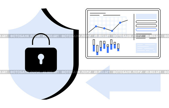 Shield with padlock symbol beside data analytics dashboard and arrow pointing right. Ideal for data protection, cybersecurity, analytics, business strategy, technology solutions, information. Shield with padlock symbol beside data analytics dashboard and arrow pointing right. Стоковая иллюстрация, агентство Ingram Publishing / Фотобанк Лори