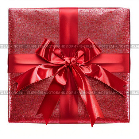 Shiny red gift box with a big ribbon and bow on white background. Стоковое AI-изображение, AI-художник Иван Рябоконь / Фотобанк Лори