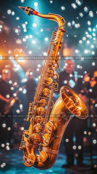 Shiny saxophone gleaming under stage lights during jazz concert. Стоковое AI-изображение, AI-художник Юрий Поздников / Фотобанк Лори