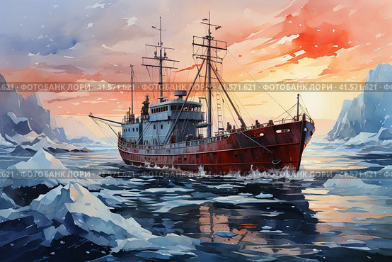 Ship among the ice, watercolor, Generative AI. Стоковое AI-изображение, AI-художник Анна Кривицкая / Фотобанк Лори