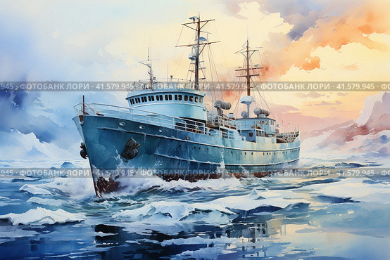 Ship among the ice, watercolor, Generative AI. Стоковое AI-изображение, AI-художник Анна Кривицкая / Фотобанк Лори