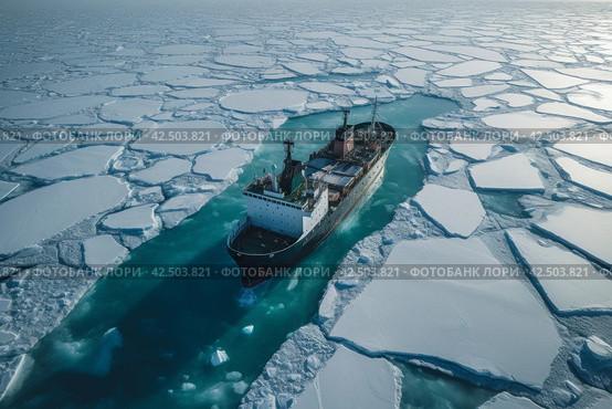 Ship cruising among sea ice. Generate ai. Стоковое AI-изображение, AI-художник Иван Рябоконь / Фотобанк Лори