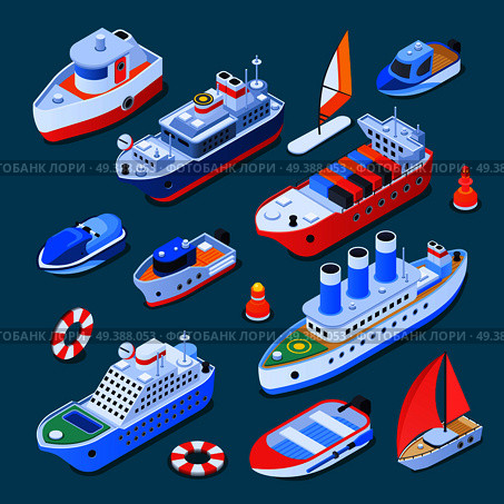 Ships including sail boats, ferry, cruiser, tug, small crafts, isometric icons isolated on turquoise background vector illustration . Ships Isometric Icons. Стоковая иллюстрация, агентство Ingram Publishing / Фотобанк Лори