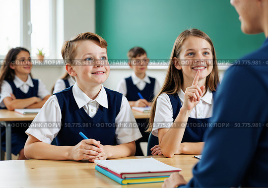 Школьники на уроке в школе смотрят на учителя и улыбаются. Students at school look at their teacher and smile. Стоковое AI-изображение, AI-художник Смирнова Светлана / Фотобанк Лори