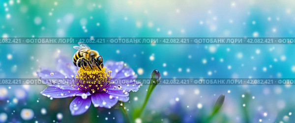 Шмель на фиолетовом цветке, яркий широкоформатный фон. Стоковое AI-изображение, AI-художник Vladimir Vikhrov / Фотобанк Лори