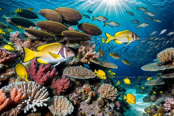 Shoal of colorful yellowtail snappers fish school swim in tropical underwaters. Bluestripe Snapper in underwater world. Observation of wildlife. Scuba diving adventure. Стоковое AI-изображение, AI-художник Aleksandr Golubev / Фотобанк Лори