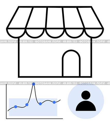 Shop facade line graph with data points silhouette icon. Ideal for retail, small business, analytics, customer focus, market strategy, data-driven growth, entrepreneurship. Line metaphor. Business Growth Market Insights and Customer Focus for Retail Success. Стоковая иллюстрация, агентство Ingram Publishing / Фотобанк Лори