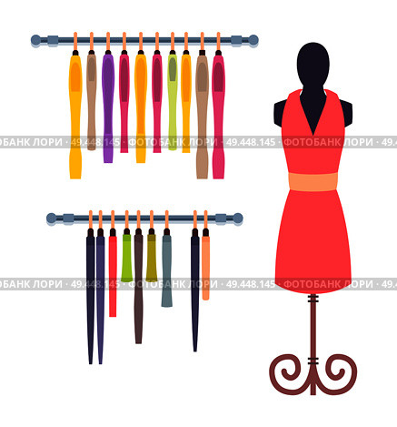 Shop window in women clothing store mannequin in pink dress, rows of garment hanging on shelves vector illustration showroom design isolated on white. Shop Window in Women Clothing Store Mannequin Set. Стоковая иллюстрация, агентство Ingram Publishing / Фотобанк Лори