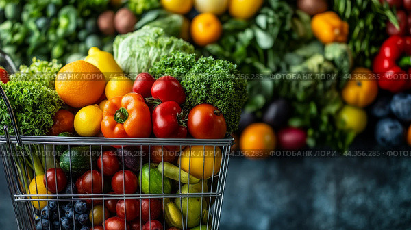 Shopping basket full of grocery products, food and drink , Grocery Shopping: Plan meals and shop with a list, copy space. Стоковое AI-изображение, AI-художник Ирина Ручушкина / Фотобанк Лори