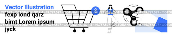 Shopping cart with number three, woman in casual attire, hand holding fidget spinner. Ideal for ecommerce, online shopping, retail stores, consumer goods, marketing, UXUI design, landing page. Shopping Cart, Woman Standing, and Hand Holding Fidget Spinner Design for Online Store. Стоковая иллюстрация, агентство Ingram Publishing / Фотобанк Лори