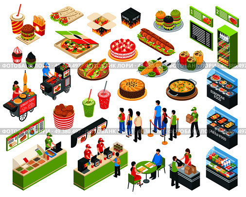 Shopping center indoor plaza fast food court with  vendors and self-serve dinner menu isometric set vector illustration. Fast Food Isometric Cort Set . Стоковая иллюстрация, агентство Ingram Publishing / Фотобанк Лори