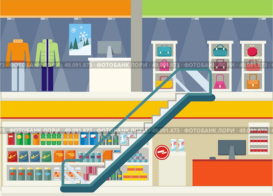 Shopping Center Storefronts Design Flat. Shopping center storefronts design. Large shopping center with clothing stores and trendy bags on the second floor. Downstairs grocery supermarket with food cashier for payment Vector illustration. Стоковая иллюстрация, агентство Ingram Publishing / Фотобанк Лори