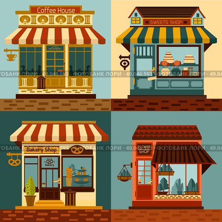 Shops facades set with sweets bakery and coffee house fronts isolated vector illustration. Shops Facades Set. Стоковая иллюстрация, агентство Ingram Publishing / Фотобанк Лори