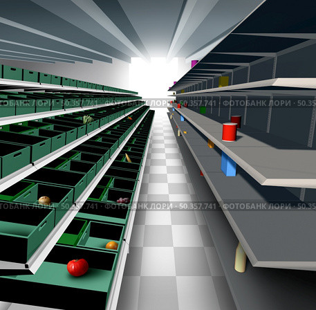 Shortages in a store and Supply Shortage of supplies with empty store shelving with low quantity of fresh produce and products as an economic distribution and business problem and limited production as a 3D illustration. . Стоковое фото, агентство Ingram Publishing / Фотобанк Лори