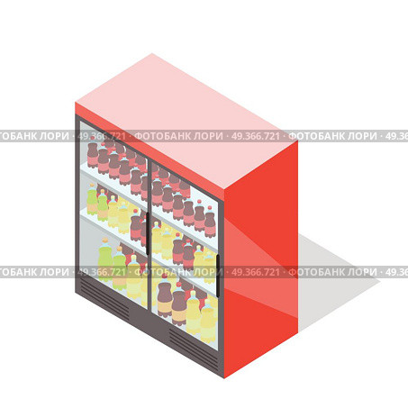 Showcase Refrigerator for Cooling Drinks in Bottle. Showcase refrigerator for cooling drinks in bottles. Fridge dispenser cooling machine. Isolated object in flat style design. Vertical refrigerator with transparent front panels. Vector illustration. Стоковая иллюстрация, агентство Ingram Publishing / Фотобанк Лори