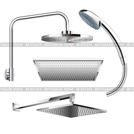 Shower heads realistic set with fixed rainfall waterfall ceiling mount traditional and handheld types isolated vector illustration. Стоковая иллюстрация, агентство Ingram Publishing / Фотобанк Лори