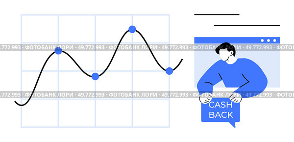 Shows a rising graph with plotted points on the left and a person holding a cashback sign on the right. Ideal for business analytics, marketing strategies, customer engagement, financial planning. Business Growth Chart with Cashback Incentive and Engaged User. Стоковая иллюстрация, агентство Ingram Publishing / Фотобанк Лори