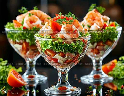 Shrimp cocktail salad. Enjoy your meal! Стоковое AI-изображение, AI-художник Сергей Елизарьев / Фотобанк Лори