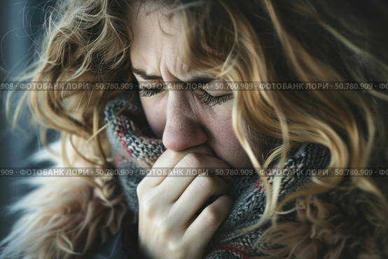 Sick woman coughing and covering her mouth with a scarf. Стоковое AI-изображение, AI-художник Иван Рябоконь / Фотобанк Лори