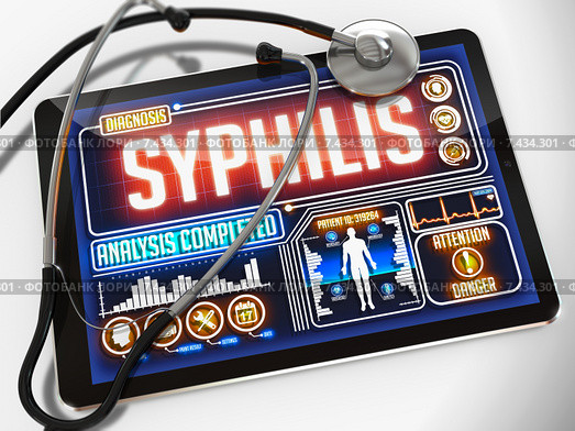Сифилис. Надпись Syphilis на экране планшета и стетоскоп. Стоковая иллюстрация, иллюстратор Илья Урядников / Фотобанк Лори