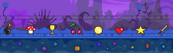 Signs and symbols of items collected during game against of alien plants and space. Pixel game interface layout design full of coins, stars, pixelated bombs and hearts. Pixel 8 bit retro video game. Signs and symbols of items collected during game against background of alien plants and space. Стоковая иллюстрация, агентство Ingram Publishing / Фотобанк Лори