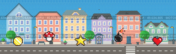 Signs and symbols of items collected during game against background of downtown landscape. City with long road along houses full of coins, stars, bombs and hearts. Pixel 8 bit retro video game. Signs and symbols of items collected during game against background of downtown landscape. Стоковая иллюстрация, агентство Ingram Publishing / Фотобанк Лори
