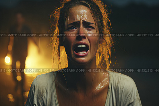 Silent Scream: A captivating image showcasing a fearless woman in the midst of a mesmerizing expression, her resounding voice silenced by the enigmatic allure of an obscure backdrop. Стоковое AI-изображение, AI-художник Данила Большаков / Фотобанк Лори