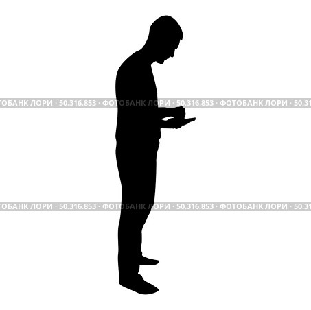 Silhouette man holding smartphone phone playing tablet male using communication tool idea looking phone addiction concept dependency from modern technologies black color vector illustration flat style simple image. Silhouette man holding smartphone phone playing tablet male using communication tool idea looking phone addiction concept dependency from modern technologies black color vector illustration flat style image. Стоковая иллюстрация, агентство Ingram Publishing / Фотобанк Лори
