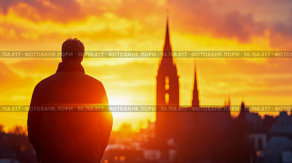 Silhouette of a Man Contemplating a Golden Sunset over a Cityscape with Church Steeples. Стоковое AI-изображение, AI-художник Данила Большаков / Фотобанк Лори