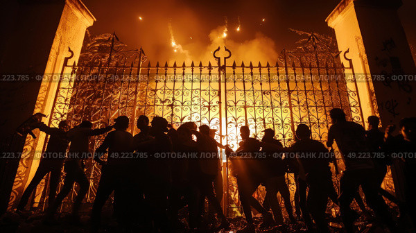 Silhouetted figures gather by a blazing fire during a nighttime protest outside grand gates. Стоковое AI-изображение, AI-художник Данила Большаков / Фотобанк Лори