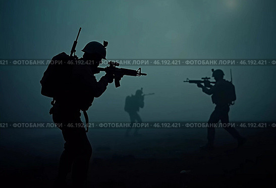 Silhouettes of military soldiers maneuver through thick fog, preparing for an active confrontation. Atmosphere is tense as the sun begins to rise. The military goes on the night attack. Generative AI. Стоковое AI-изображение, AI-художник Юлия Петровская / Фотобанк Лори