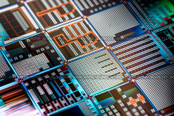 Silicon semiconductor wafer close-up. In electronics, a wafer also called a slice or substrate is a thin slice of semiconductor, a crystalline silicon, used for the fabrication of integrated circuits. Стоковое фото, фотограф Андрей Армягов / Фотобанк Лори