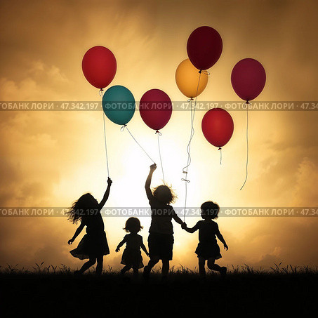 Силуэты радостных детей, которые запускают шары в небо. Silhouettes of joyful children who launch balloons into the sky. Стоковое AI-изображение, AI-художник Смирнова Светлана / Фотобанк Лори