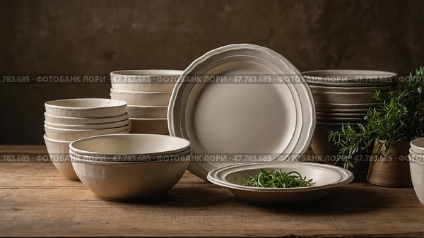 Simple and elegant pottery collection with herbs displayed on wooden table in soft light. Стоковое AI-изображение, AI-художник Сергей Толмачёв / Фотобанк Лори