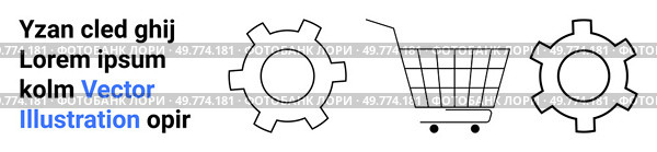 Simple black text on left, outlined gears and shopping cart in the center. Ideal for e-commerce, mechanics, technology, retail, user interface designs. Landing page. Shopping Cart with Gear Icons and Text. Стоковая иллюстрация, агентство Ingram Publishing / Фотобанк Лори