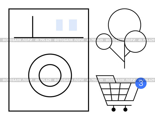 Simple graphic of a washing machine, three trees, and a shopping cart with a notification badge. Ideal for e-commerce, online shopping, appliance purchasing, eco-friendly initiatives, household. Home appliances and online shopping notification with washer, trees, and shopping cart. Стоковая иллюстрация, агентство Ingram Publishing / Фотобанк Лори