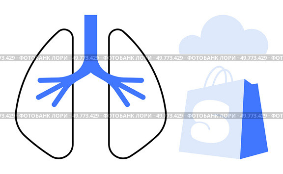 Simple human lungs outlined in black with a blue bronchial tree next to a blue shopping bag and a light blue cloud. Ideal for health, medical education, anatomy, commerce, and respiratory themes. Simple Human Lungs Outline with Shopping Bag and Cloud in Background Ideal for Health Commerce Themes. Стоковая иллюстрация, агентство Ingram Publishing / Фотобанк Лори