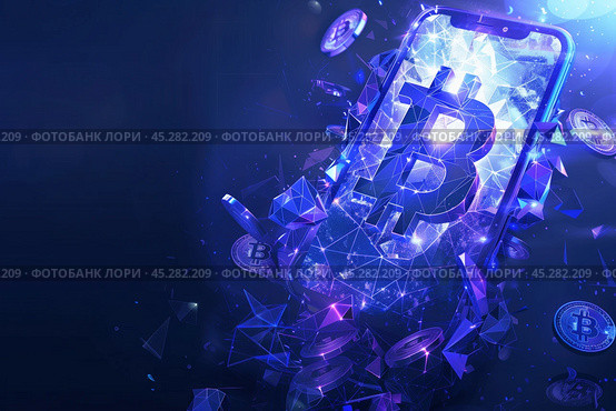 Символ биткоина в смартфоне в фиолетовых тонах. Стоковое AI-изображение, AI-художник Александр Жуков / Фотобанк Лори
