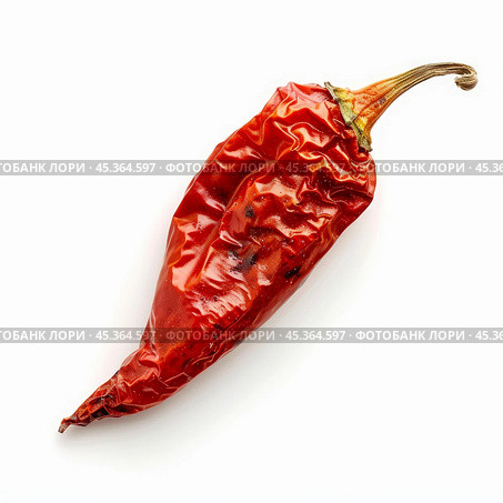 Single dried red chilli pepper lying on white background. Стоковое AI-изображение, AI-художник Иван Рябоконь / Фотобанк Лори