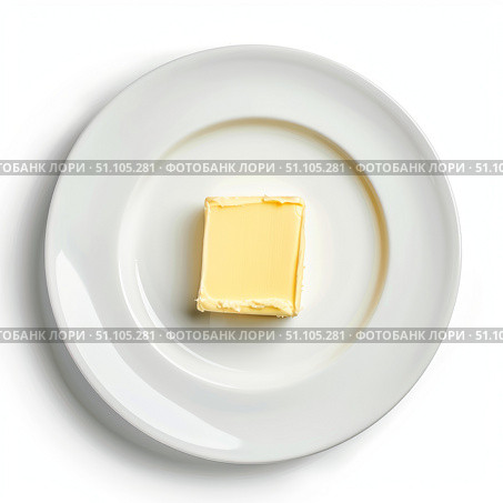 Single piece of butter on white plate resting on white background. Стоковое AI-изображение, AI-художник Иван Рябоконь / Фотобанк Лори