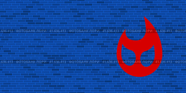 Синяя кирпичная стена с большим красным символом огня. Символ расположен справа, слева есть пустое место для вашего контента. Иллюстрация на синем фоне. Стоковая иллюстрация, иллюстратор Карпенко Алексей / Фотобанк Лори