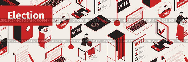 Site header election isometric composition of isolated icons voting symbols cabins and human characters with text vector illustration. Стоковая иллюстрация, агентство Ingram Publishing / Фотобанк Лори