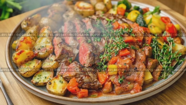 Sizzling grilled steak releasing flavorful steam on a rotating plate of potatoes. Стоковое AI-видео, аниматор Юрий Поздников / Фотобанк Лори