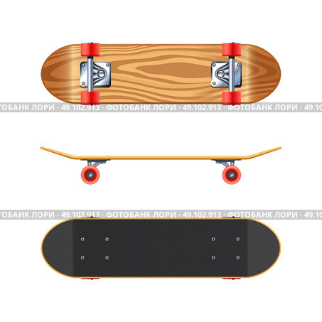 Skateboard Deck Side Bottom Realistic Illustration. Skateboard black deck top side and maple wood bottom views projections realistic on white background vector illustration . Стоковая иллюстрация, агентство Ingram Publishing / Фотобанк Лори