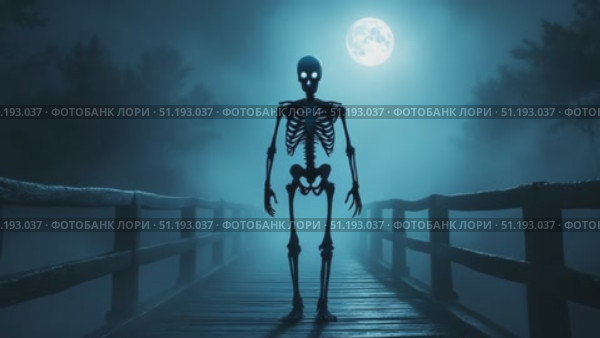 Skeleton figure stands on a wooden bridge under a glowing moon in a foggy night scene. Стоковое AI-видео, аниматор Данил Руденко / Фотобанк Лори