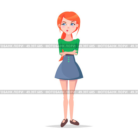 Skeptic young woman illustration. Beautiful redhead girl in blouse and skirt standing with with suspicious face expression and arms crossed isolated flat vector. Emotional female cartoon character. Стоковая иллюстрация, агентство Ingram Publishing / Фотобанк Лори
